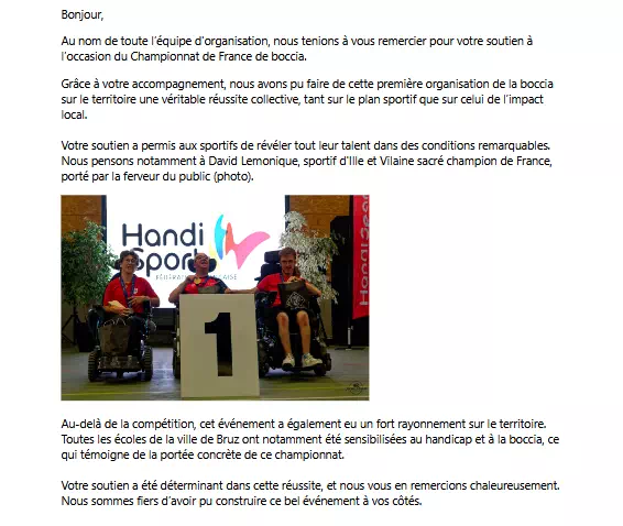 remerciements equipe organisatrice championnat de france boccia 2026